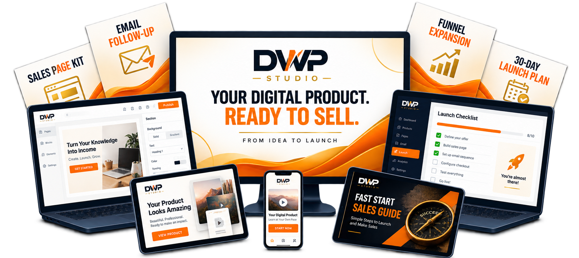 DWP Studio launch toolkit shown across desktop, laptop, tablet and phone screens